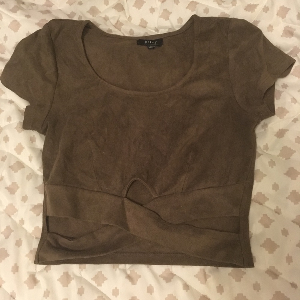 Privy olive green crop top cutout suede shirt